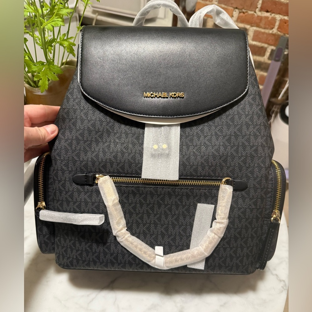 Michael Kors Jet Set Backpack Black MK Signature Gold Hardware New